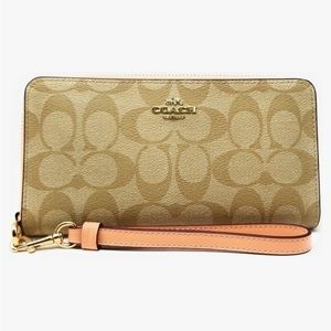 COACH Long Zip Around Wallet In Signature Canvas-Light Khaki - Faded Blush
